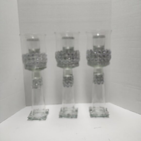 Set of 3 Rhinestone Embellished Glass Candle Holders – Glamorous Centerpiece Déc - Picture 2 of 2